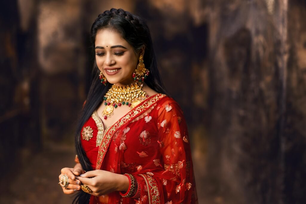 Beautiful indian bride with traditional dresses and makeup.